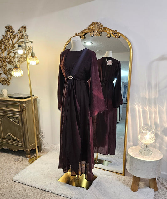 Faux Wrap Gold Brooch Maxi Dress - Burgundy