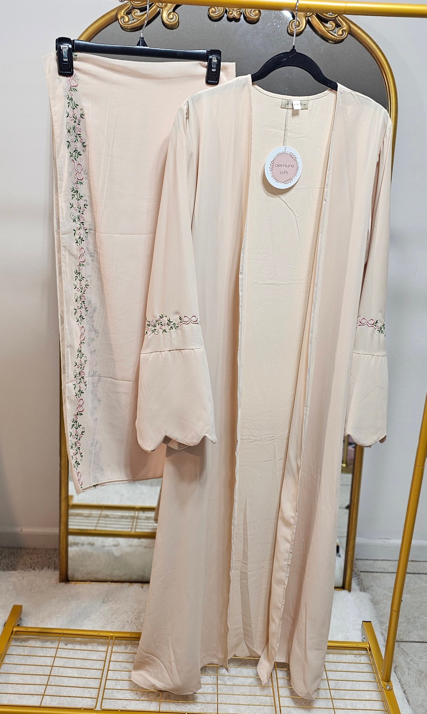 Embroidered Floral Boarder Abaya with Matching Hijab - Cream