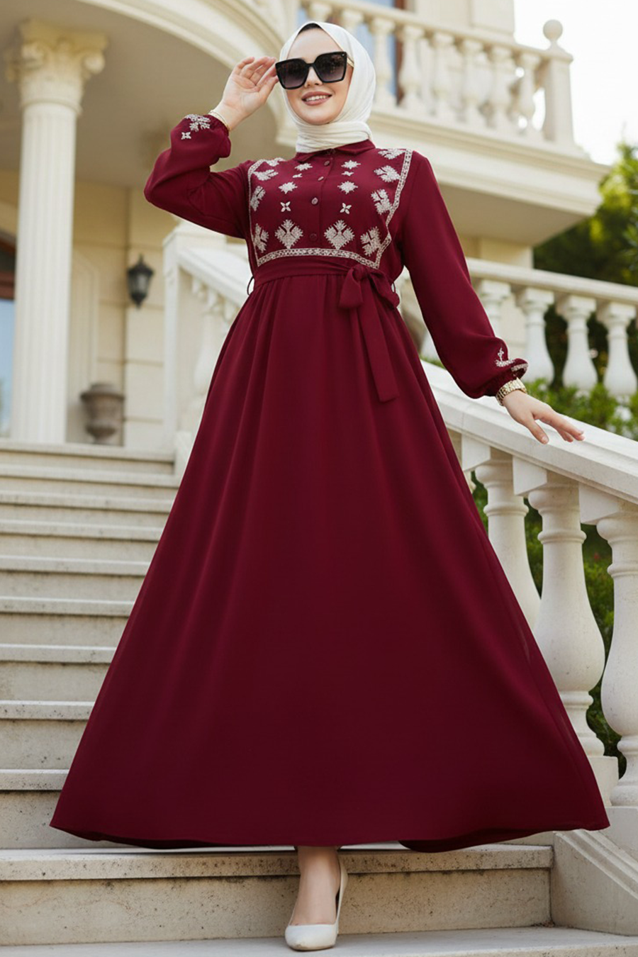 Cross Stitch Embroidered Dress - Maroon