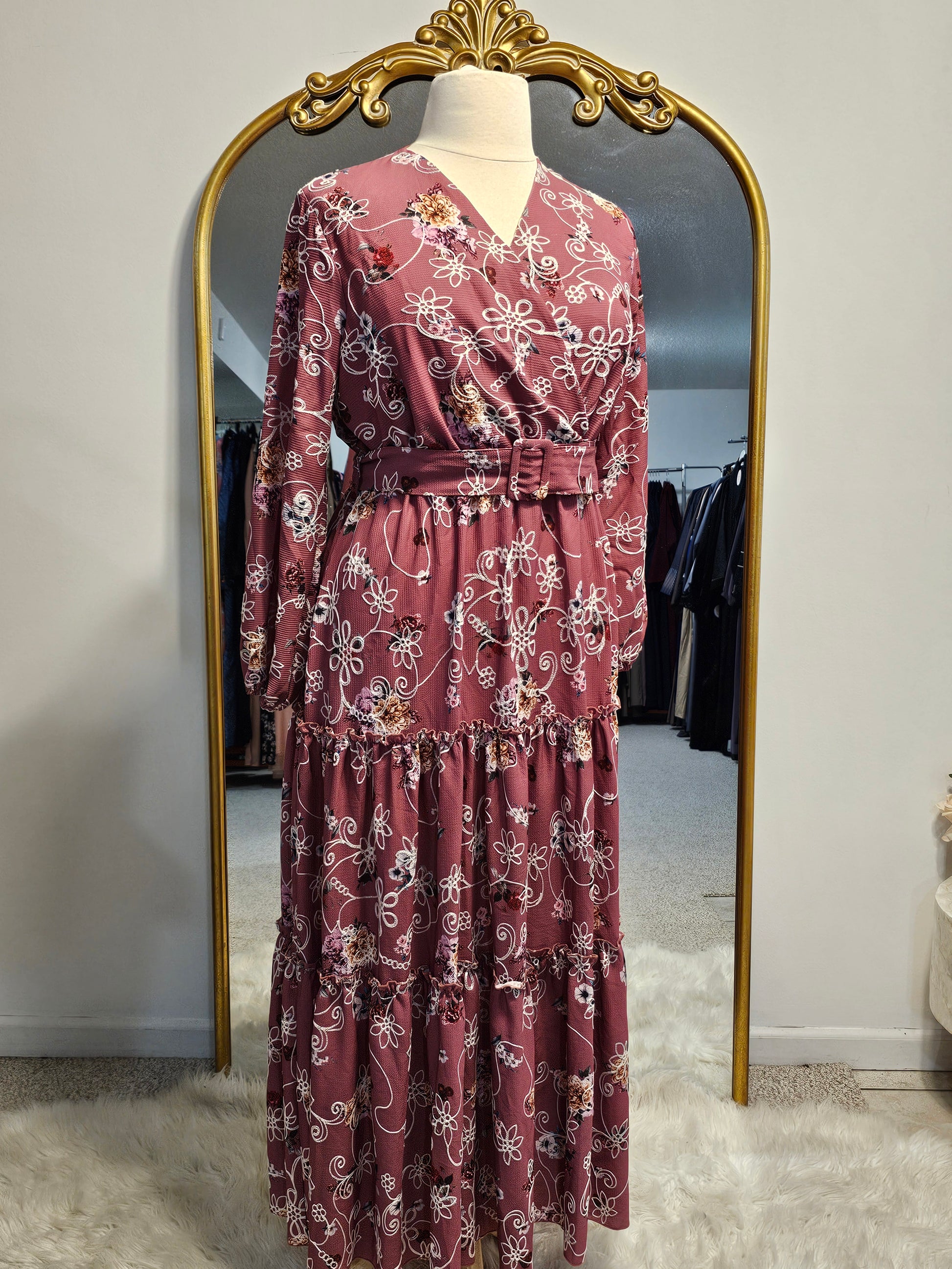 Tiered Floral Faux Wrap Dress - Rose Demure Loft Tiered Floral Faux Wrap Dress - Rose Demure Loft