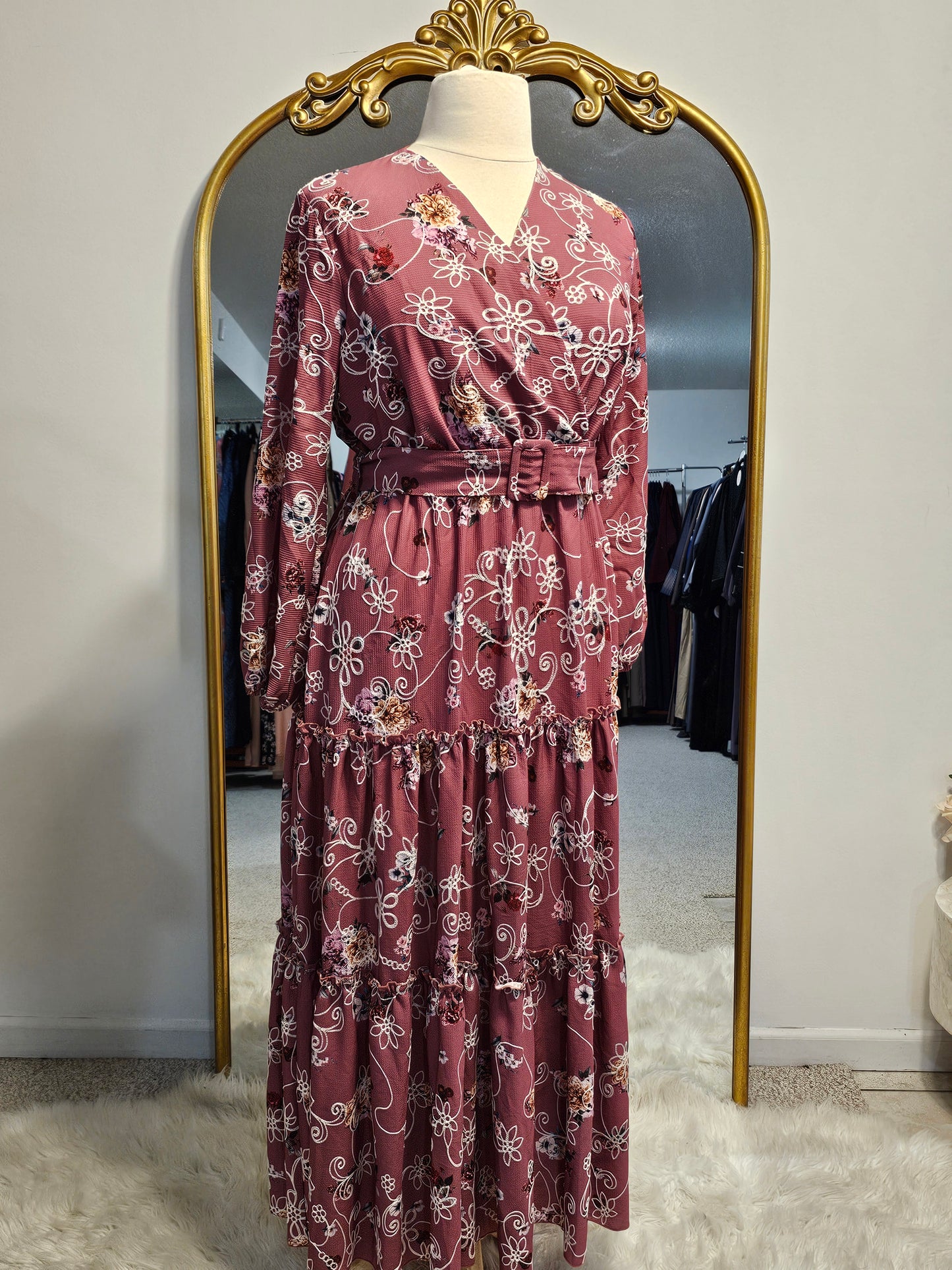 Tiered Floral Faux Wrap Dress - Rose