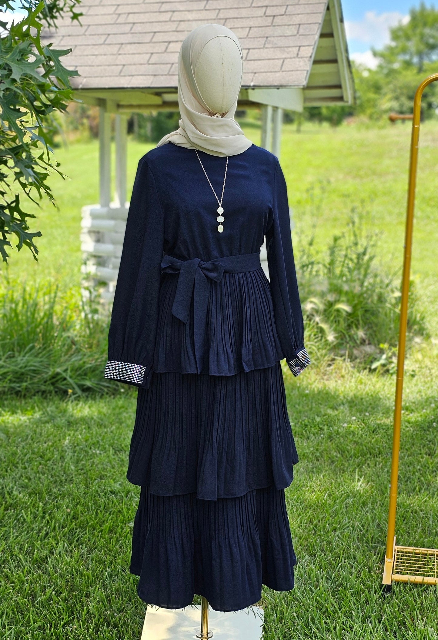 Pleated Maxi Dress with Sparkle Sleeves - Navy Blue