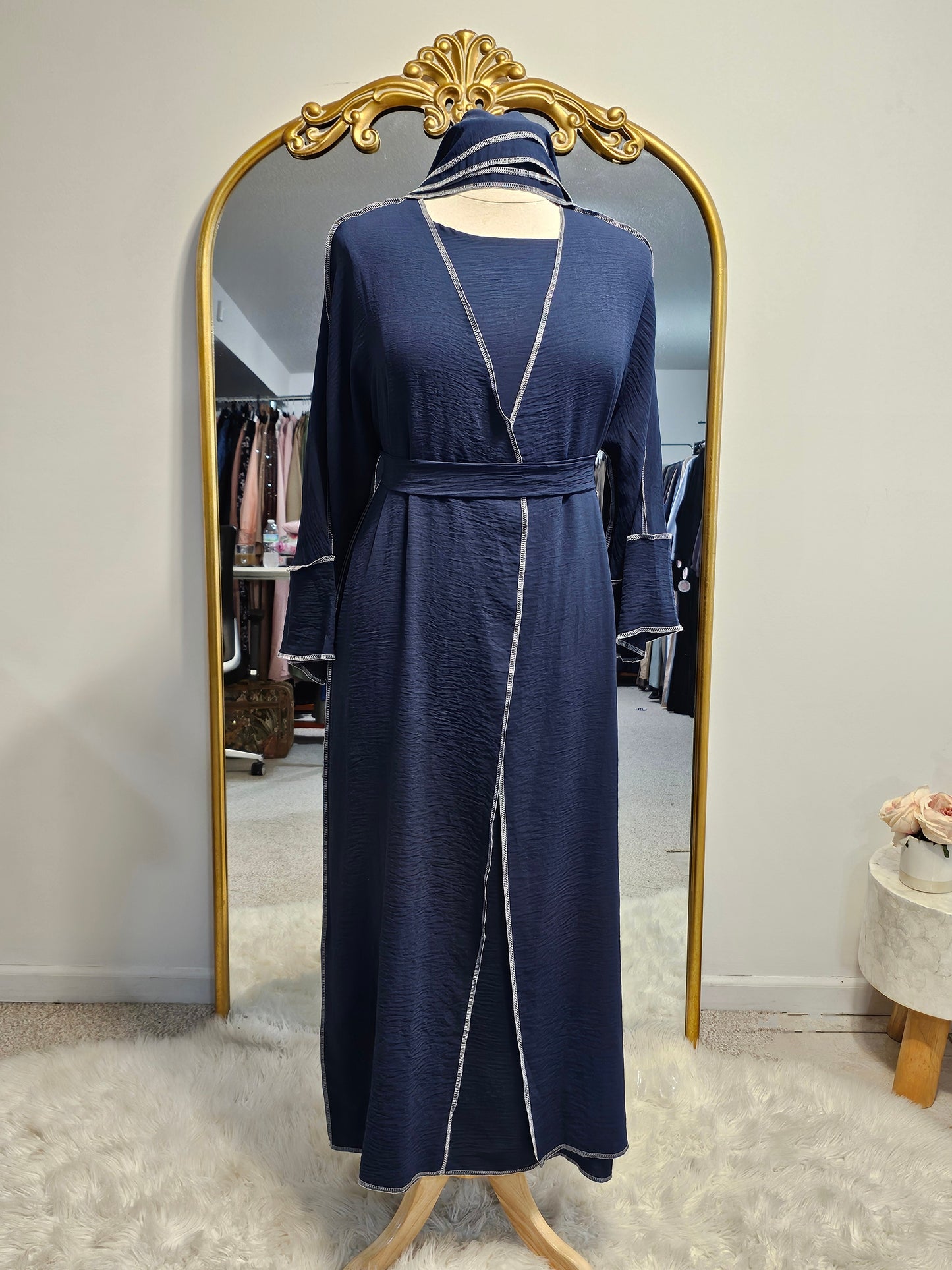Crinkle Stitched 3 PC Abaya - Navy Blue