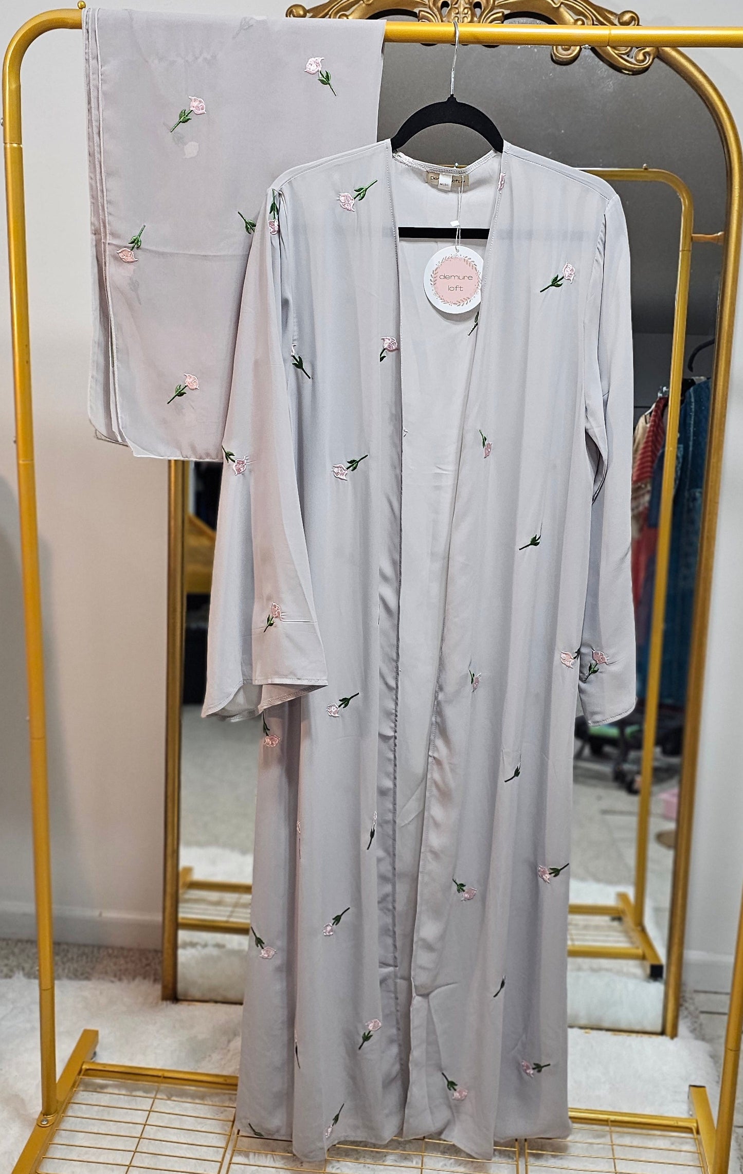 Floral Embroidered Chiffon Abaya with Matching Hijab - Gray