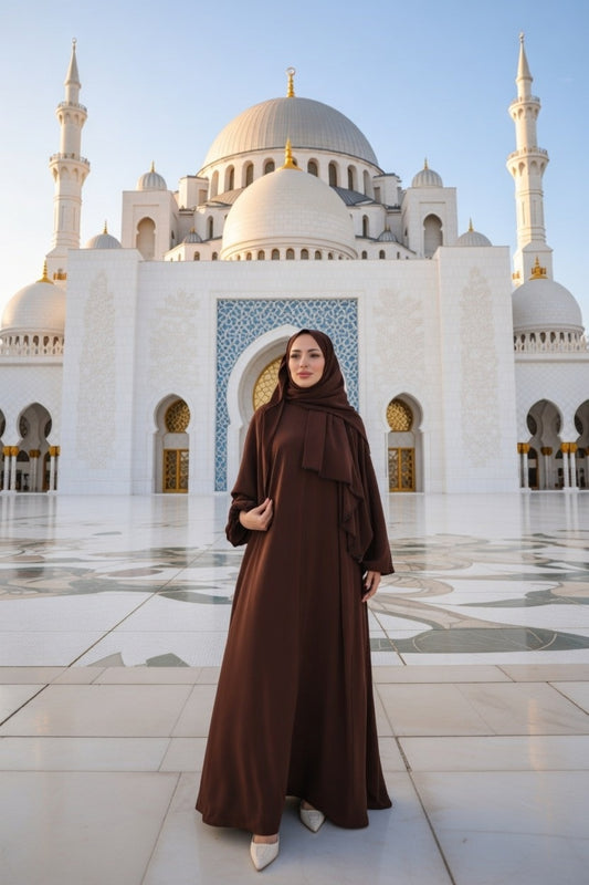 Madina Silk Abaya with Attached Matching Hijab - Brown