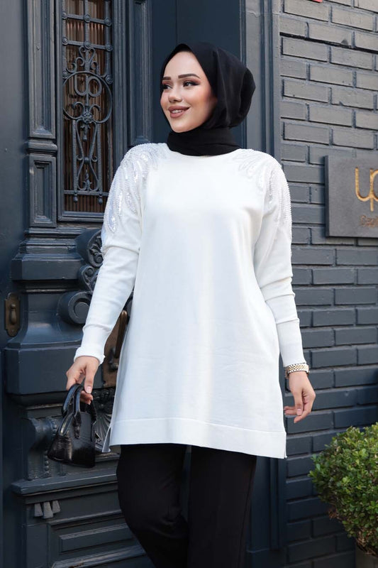 Beaded Flower Tunic - White