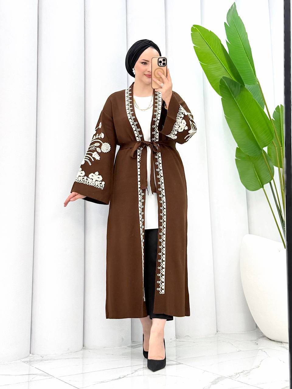 Embroidered Maxi Cardigan - Brown