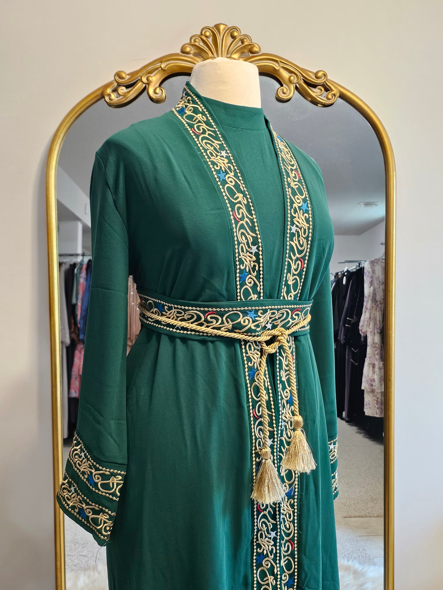 Embroidered calligraphy 3 PC kaftan Dress - Green
