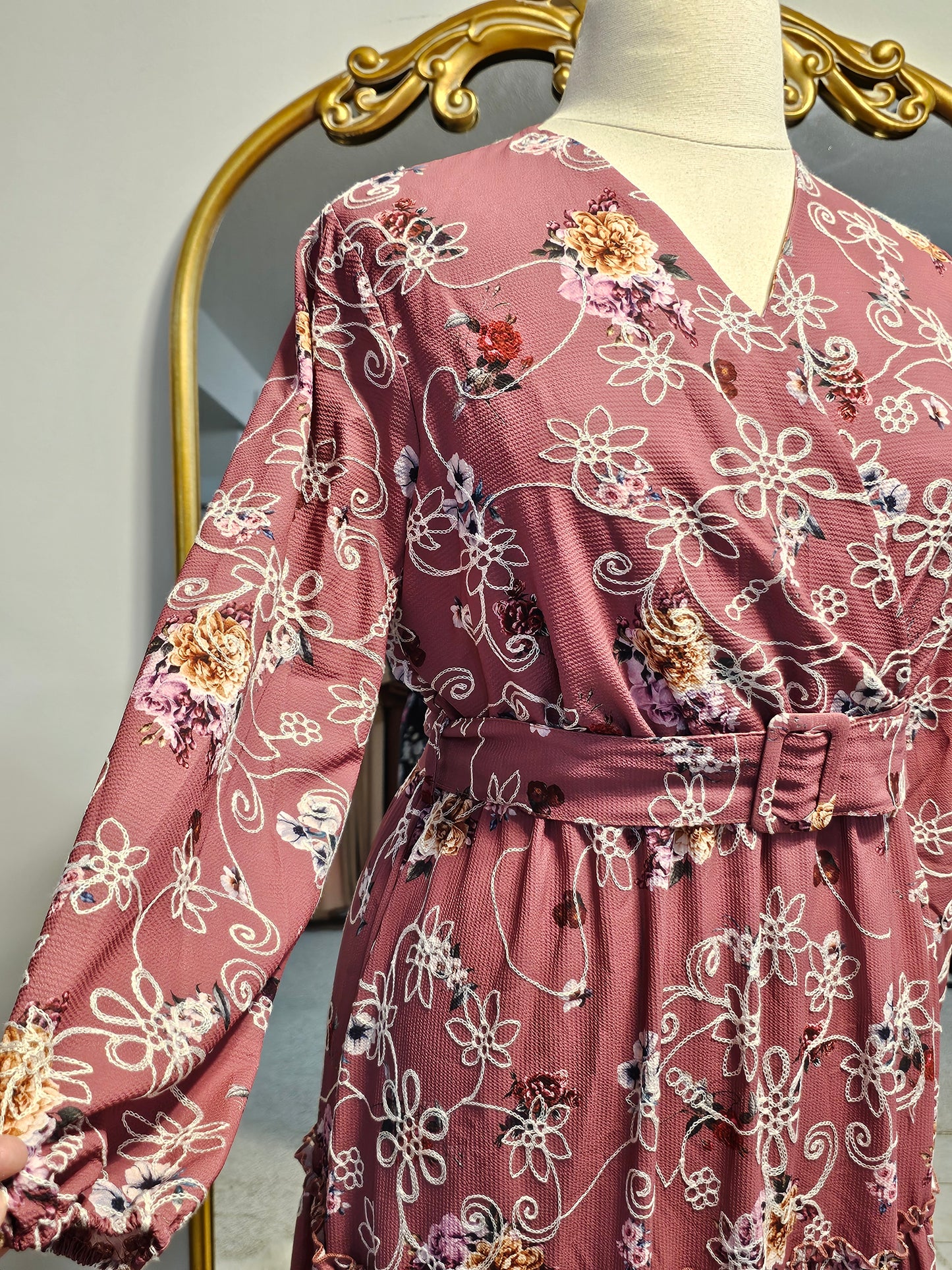 Tiered Floral Faux Wrap Dress - Rose