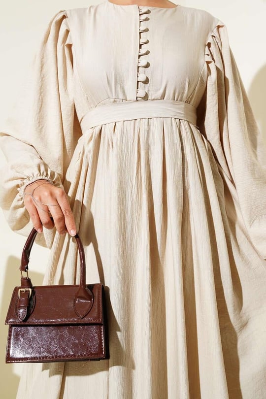 Gathered Lantern Sleeve Dress - Beige