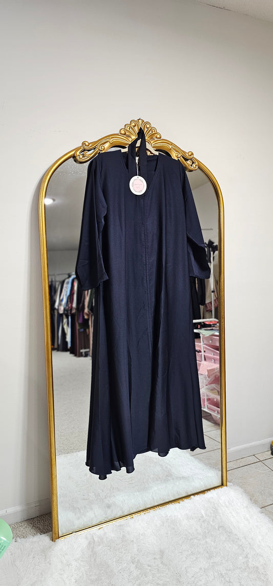 Snap Button Open Abaya With Matching Hijab - Navy Blue