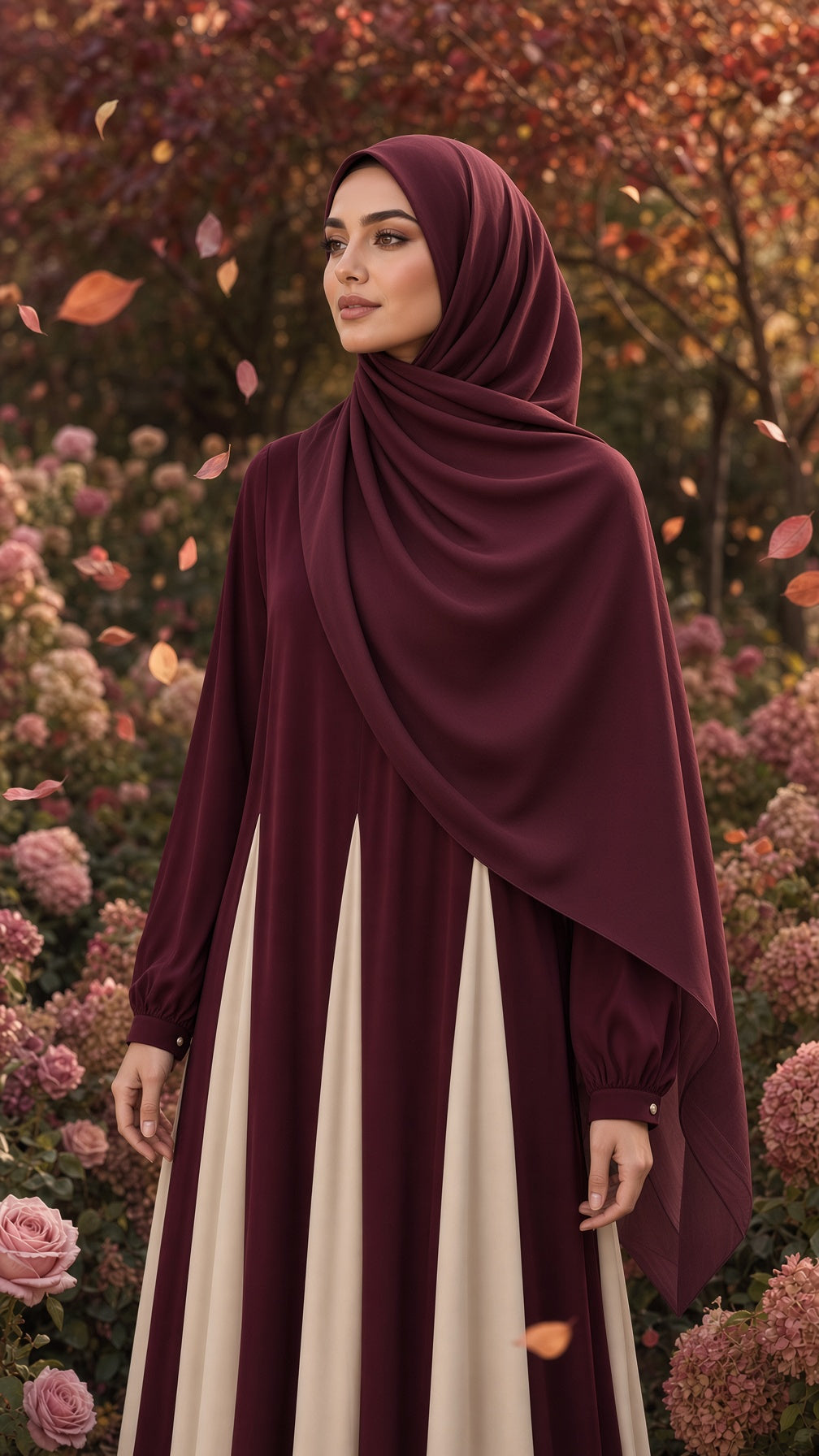 Coloblock Flowy Umbrella Abaya - Maroon