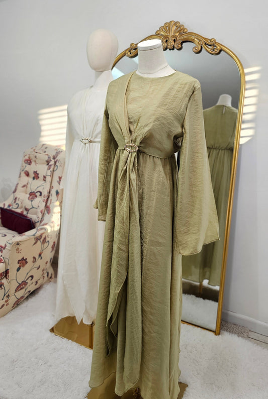 Faux Wrap Gold Brooch Maxi Dress - Muted Lime