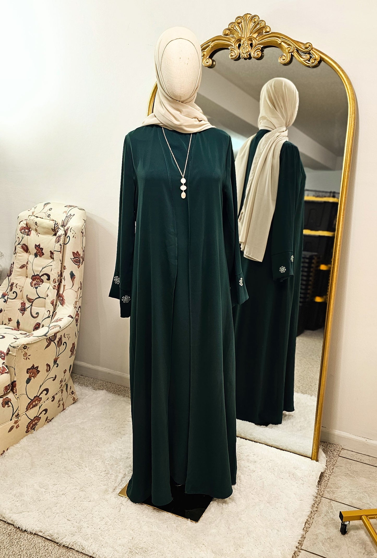 Delicate Floral Embroidered 2 PC Abaya - Rich Green