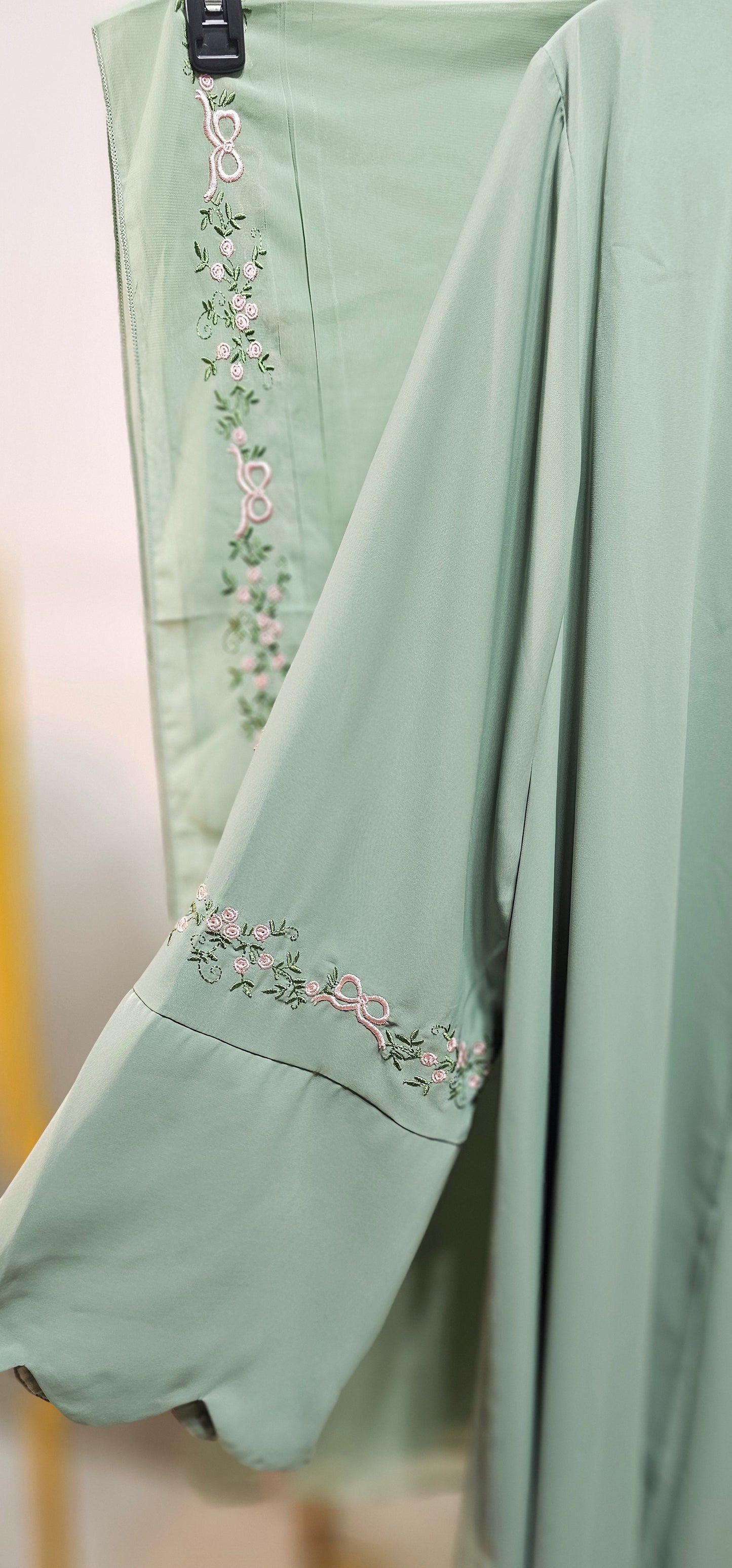 Embroidered Floral Boarder Abaya with Matching Hijab - Mint Green