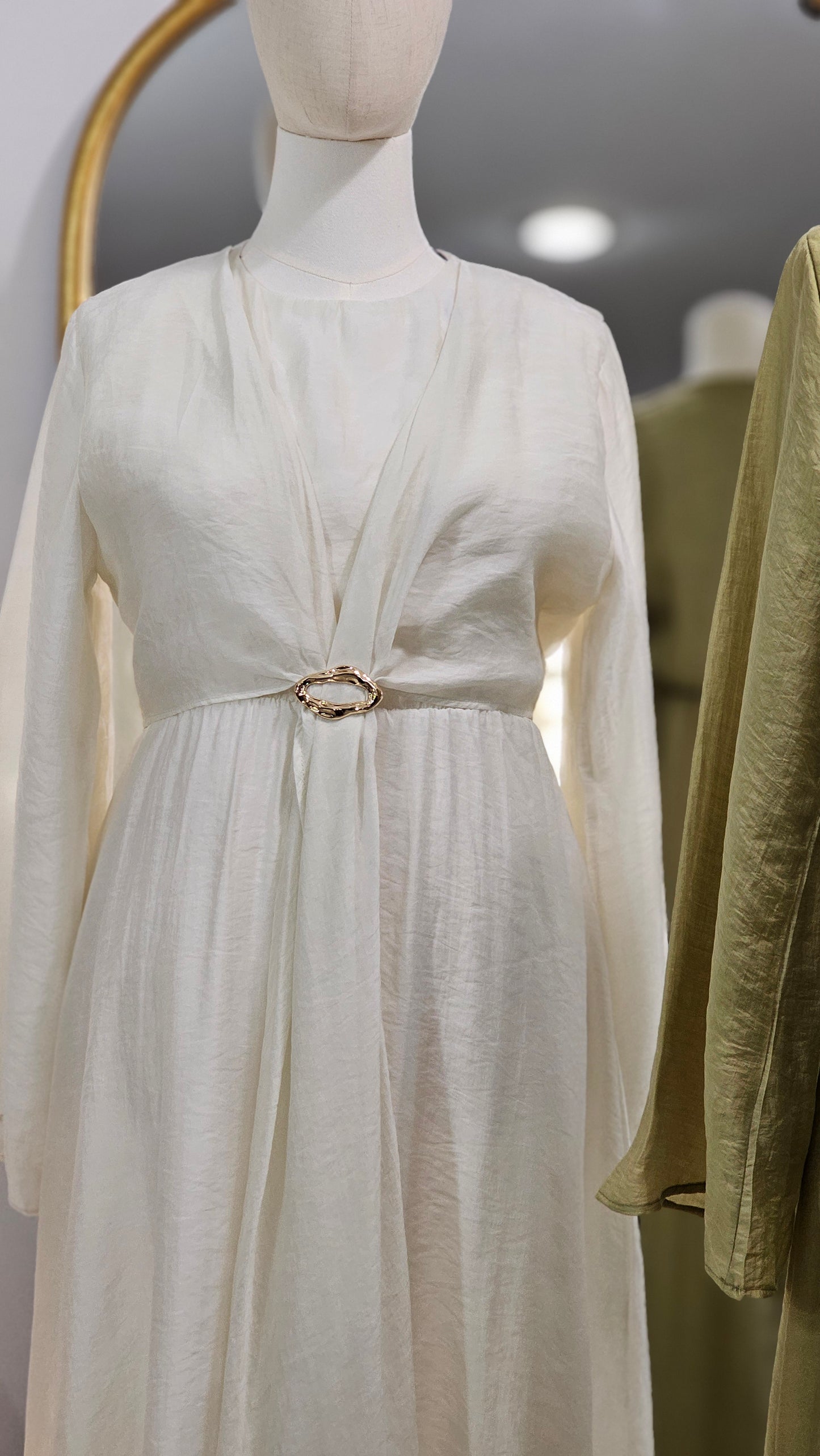 Faux Wrap Gold Brooch Maxi Dress - White