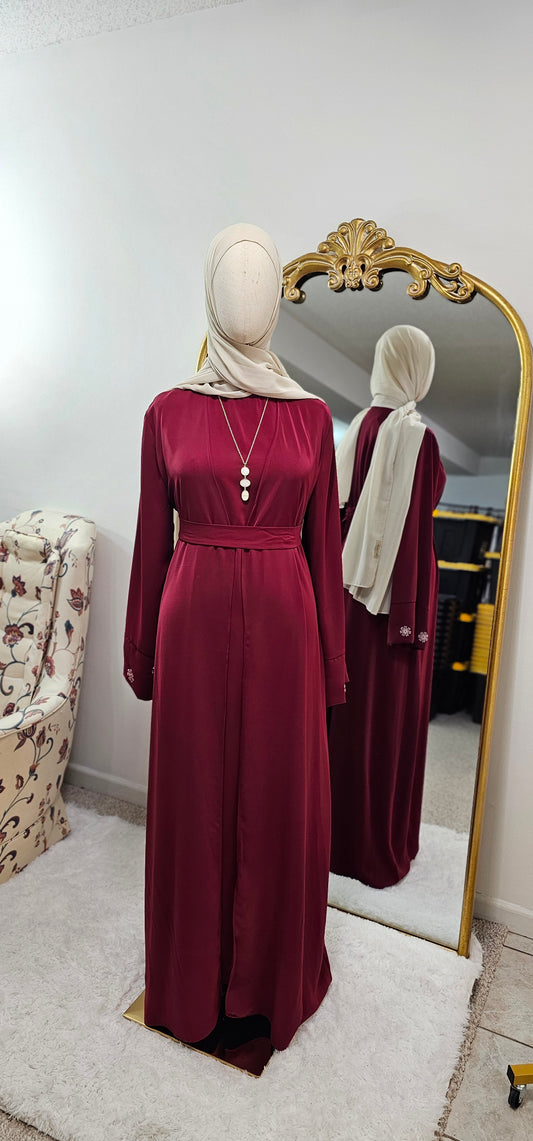 Delicate Floral Embroidered 2 PC Abaya - Rich Red