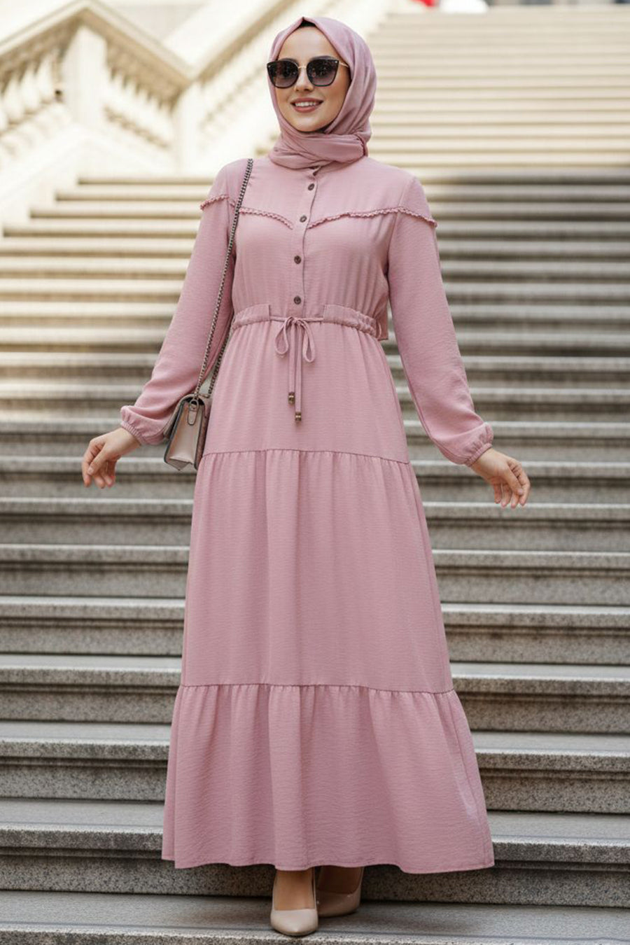 Crinkle Drawstring Maxi Dress- Pink