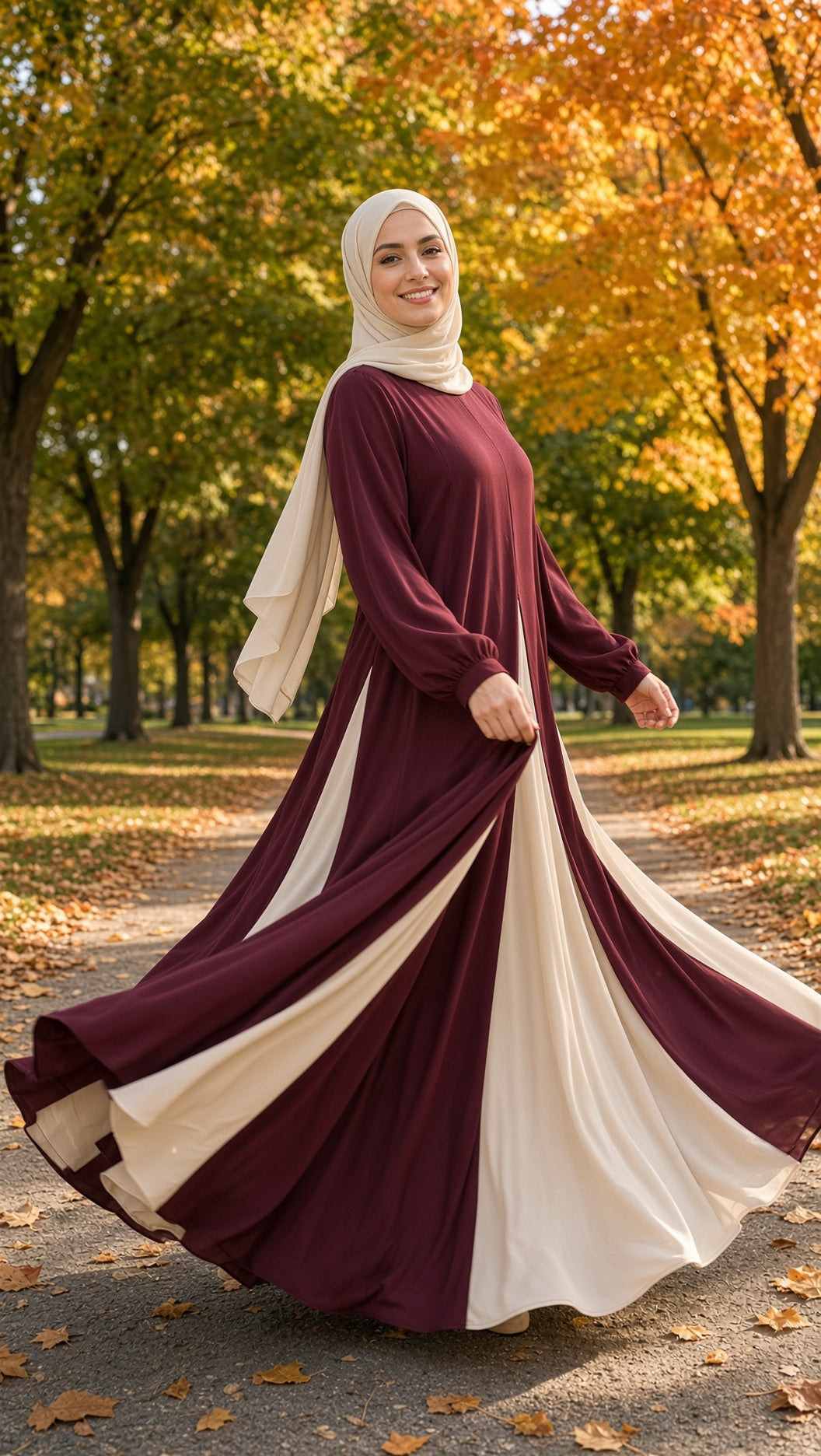 Coloblock Flowy Umbrella Abaya - Maroon