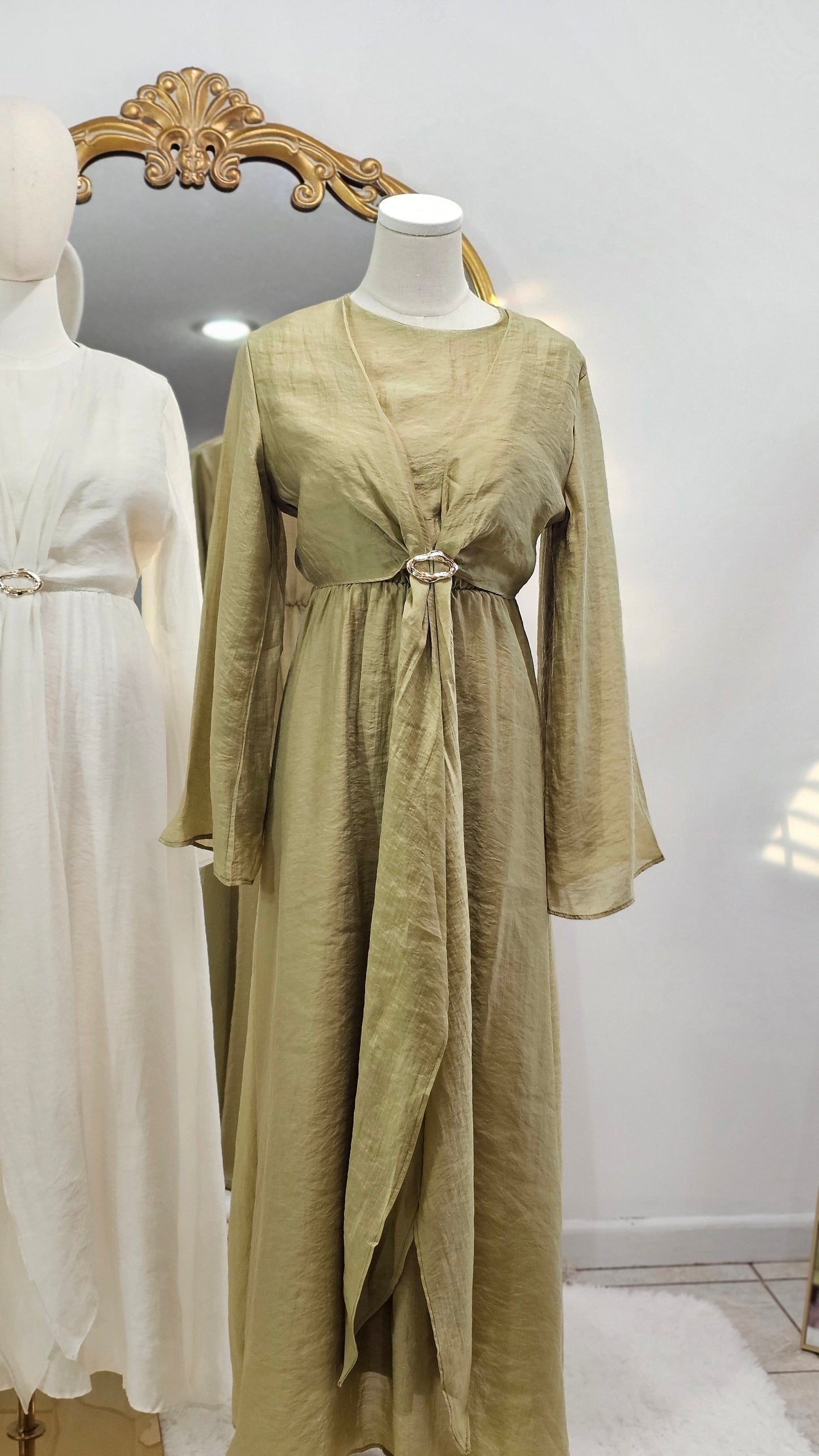 Faux Wrap Gold Brooch Maxi Dress - Muted Lime