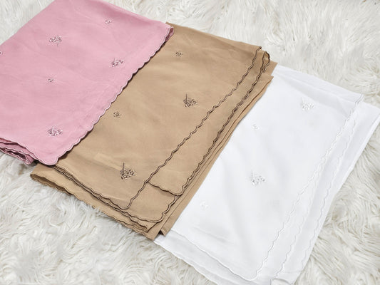 Embroidered Floral Scalloped Edge Chiffon Hijab - (3- Colors)