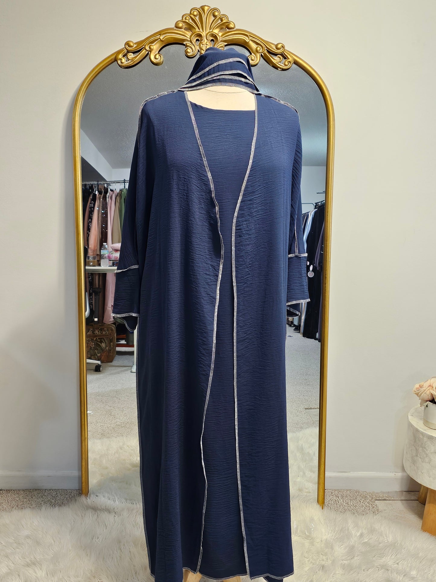 Crinkle Stitched 3 PC Abaya - Navy Blue