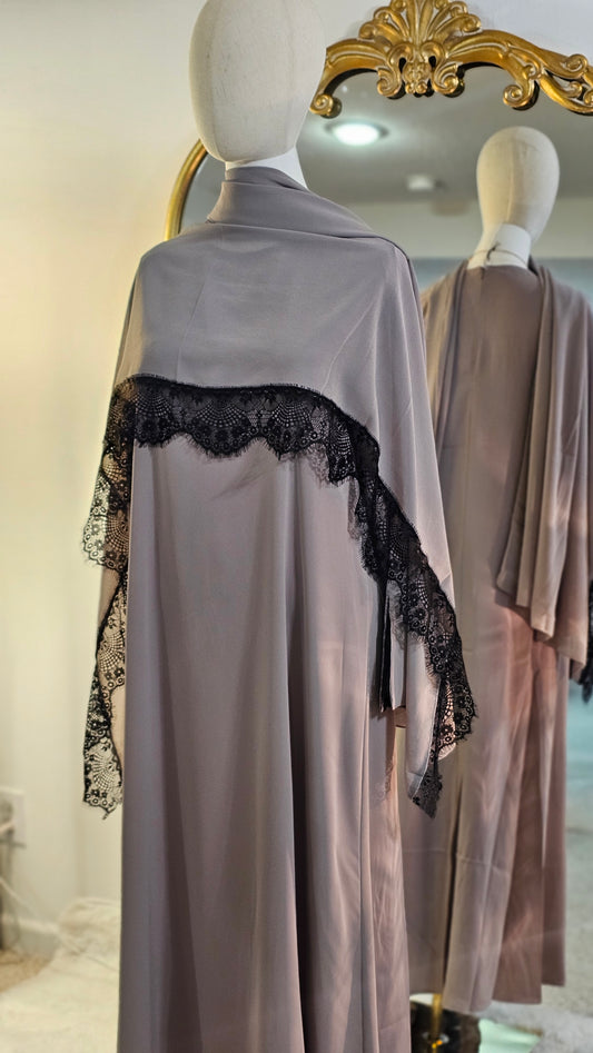Peekaboo Lace Abaya with Matching Hijab - Taupe Gray