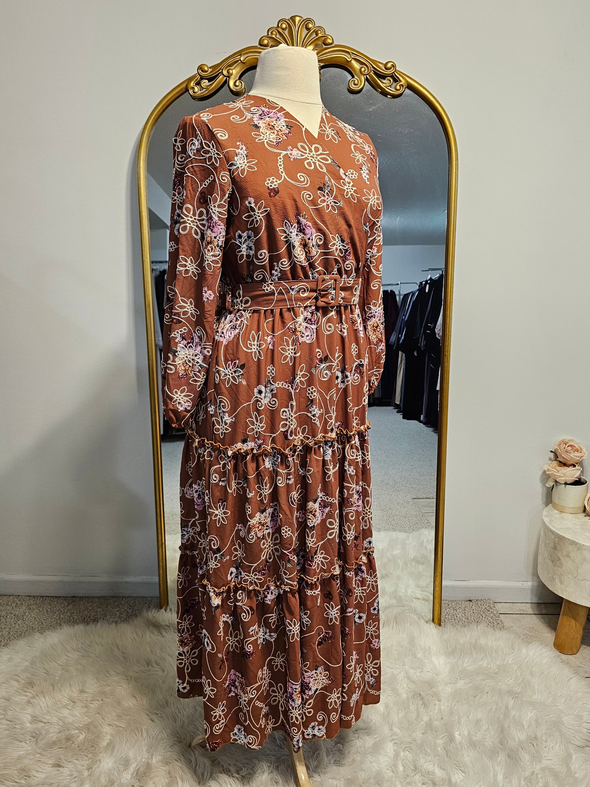 Tiered Floral Faux Wrap Dress - Burnt Orange S Tiered Floral Faux Wrap Dress - Burnt Orange S