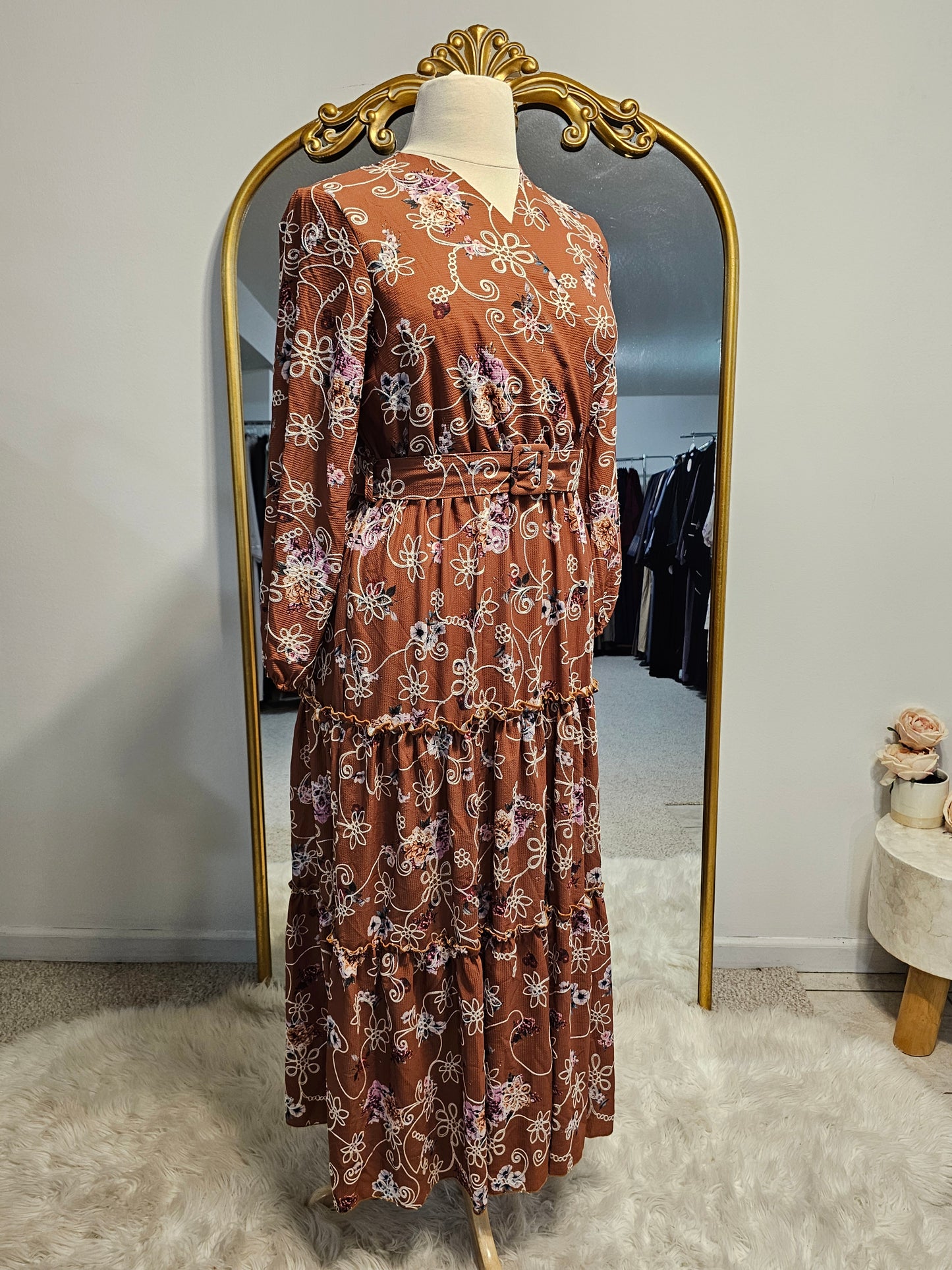 Tiered Floral Faux Wrap Dress - Burnt Orange