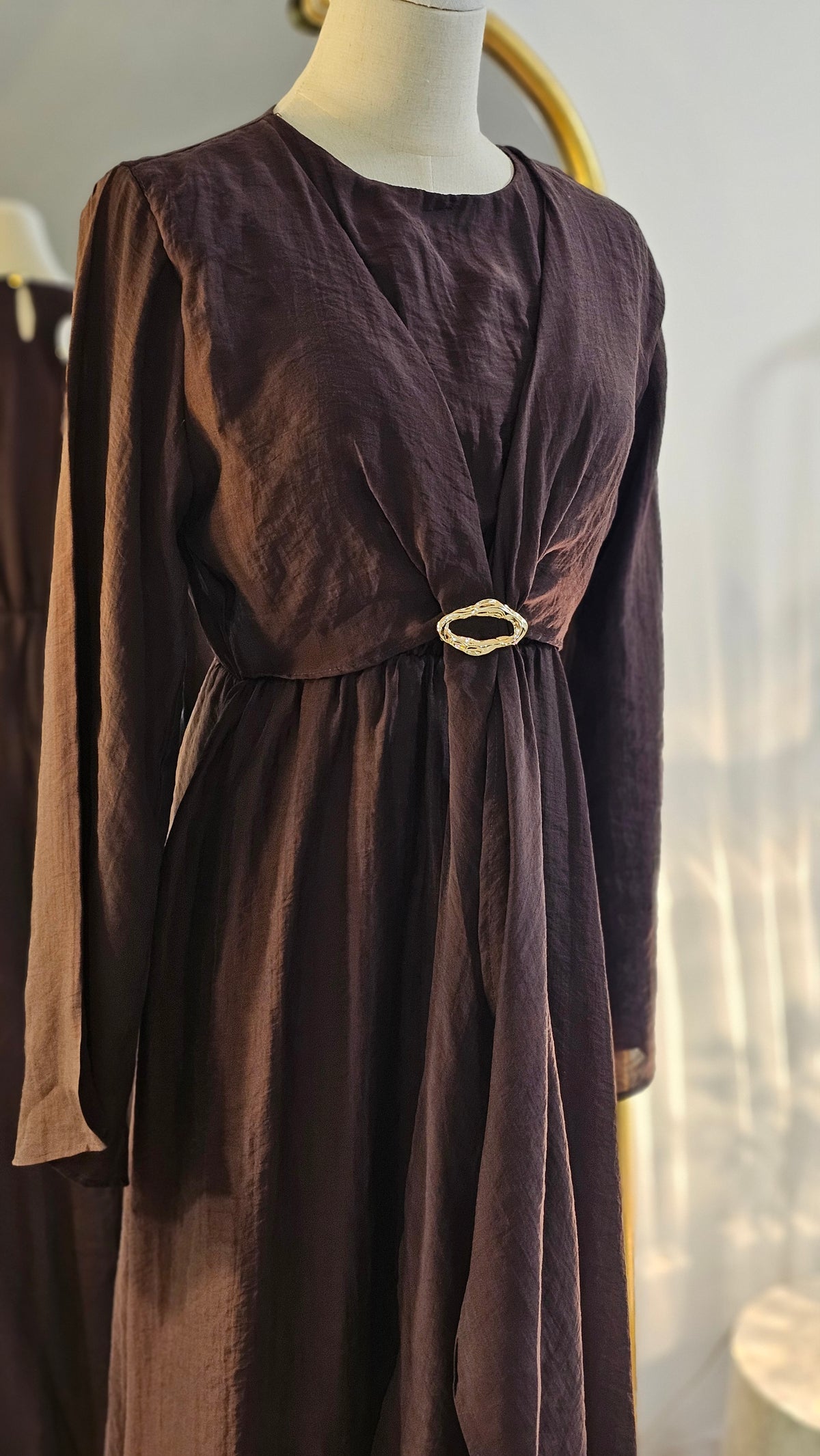 Faux Wrap Gold Brooch Maxi Dress - Brown