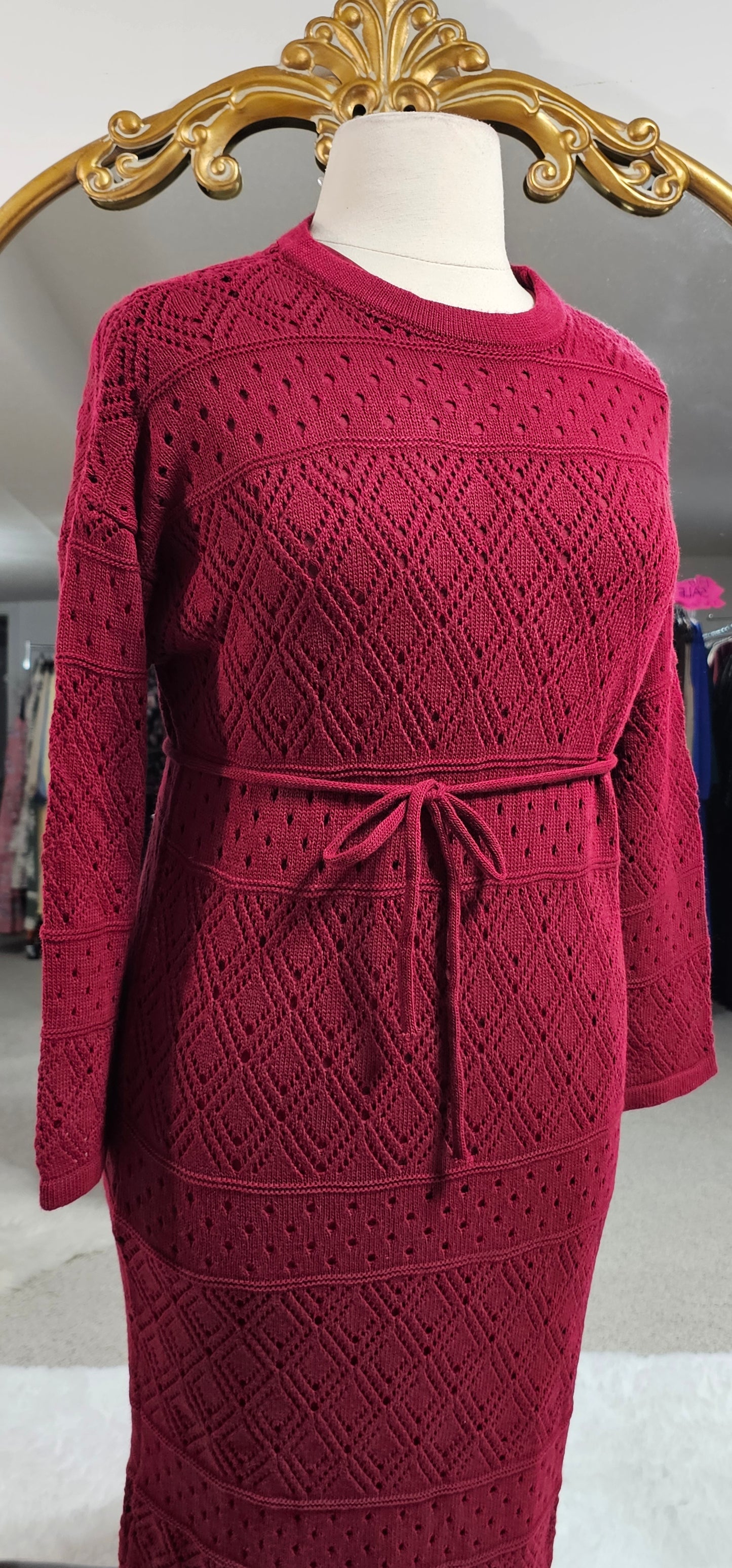 Fully Lined Knit Eyelet Dress - Rich Red