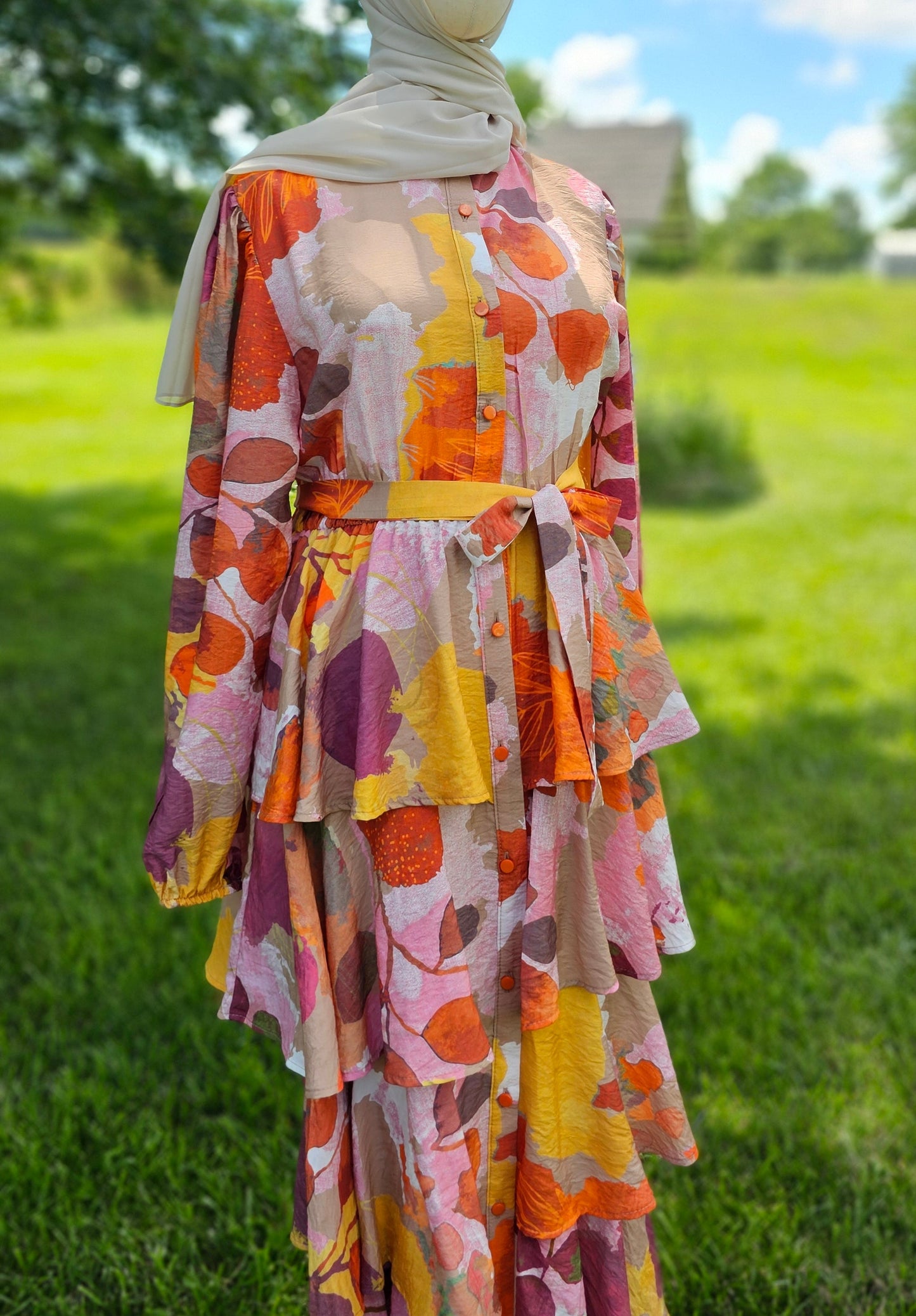 Layered Flared Maxi Dress - Pink Orange
