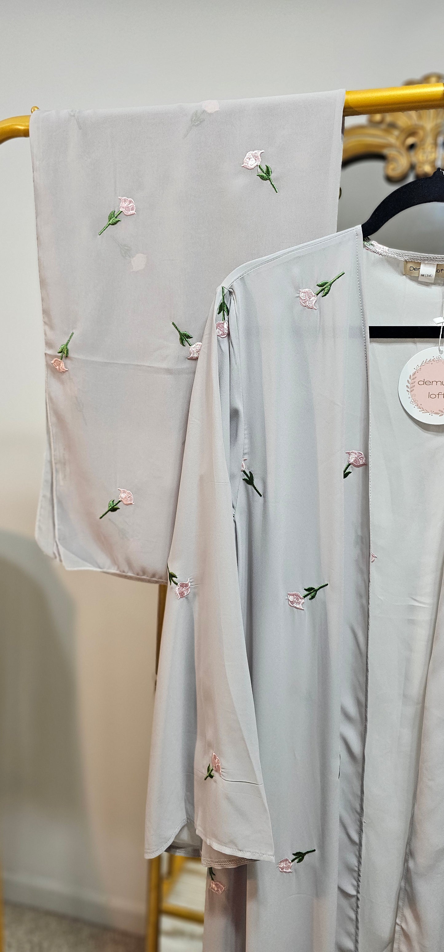 Floral Embroidered Chiffon Abaya with Matching Hijab - Gray