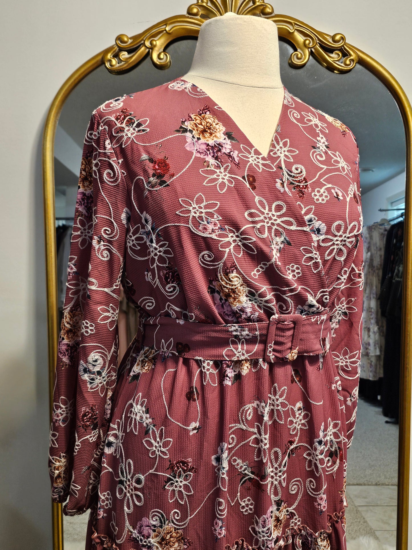 Tiered Floral Faux Wrap Dress - Rose