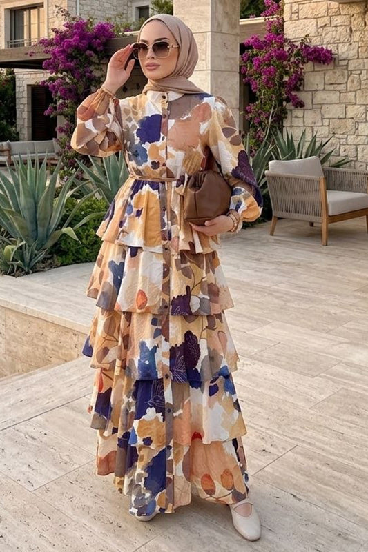 Layered Flared Maxi Dress - Blue Beige