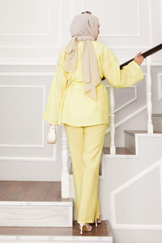 Drop Shoulder Button Kimono 2pc Set - Yellow