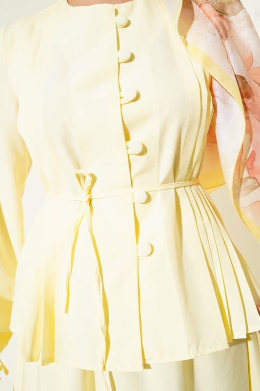 Pleated Buttoned Shirt 2pc Skirt Set - Yellow