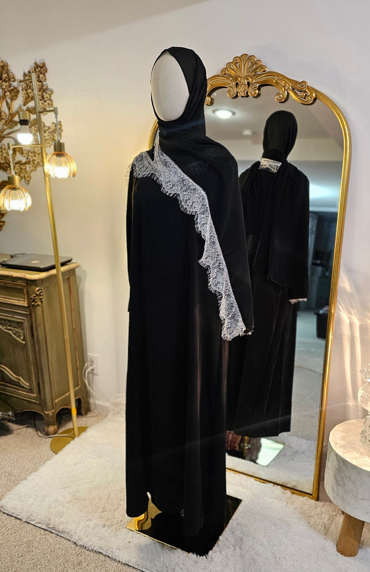 Peekaboo Lace Abaya with Matching Hijab - Classic Black