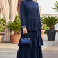 Pleated Maxi Dress with Sparkle Sleeves - Navy Blue