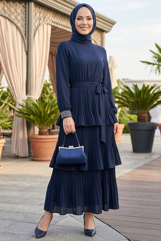 Pleated Maxi Dress with Sparkle Sleeves - Navy Blue