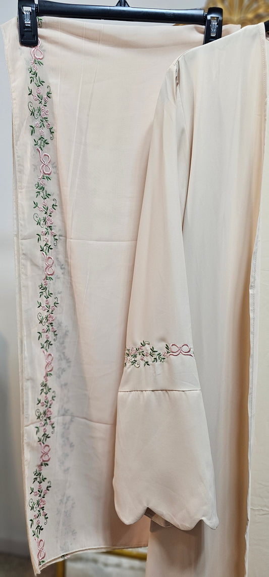 Embroidered Floral Boarder Abaya with Matching Hijab - Cream
