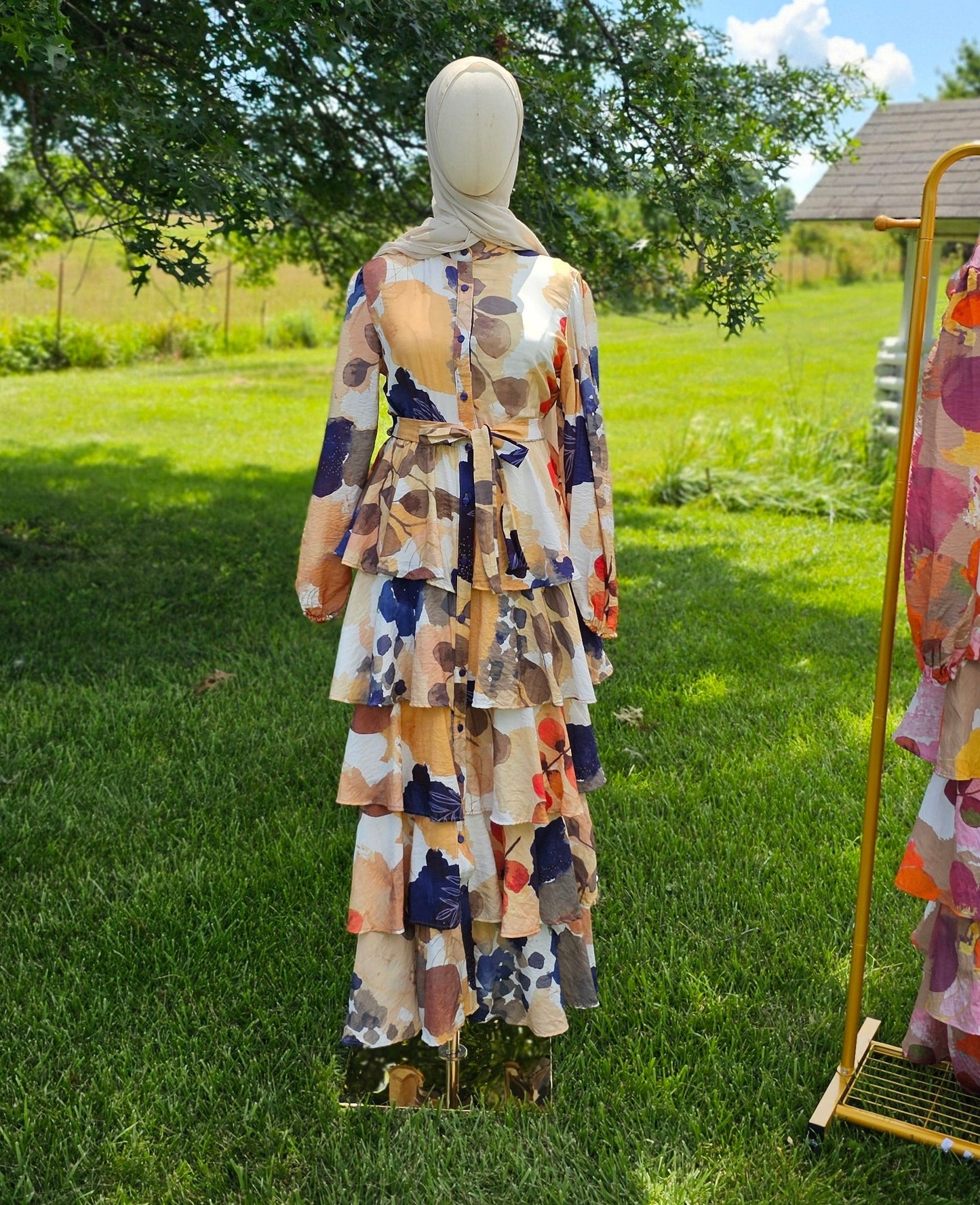 Layered Flared Maxi Dress - Blue Beige