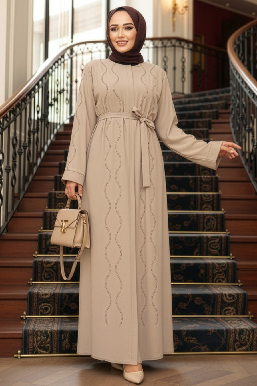 Wavy Crystal Abaya - Happy Beige