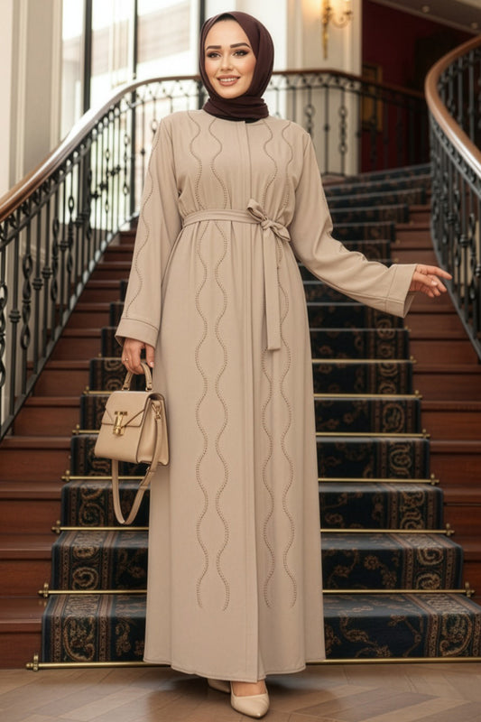 Wavy Crystal Abaya - Happy Beige