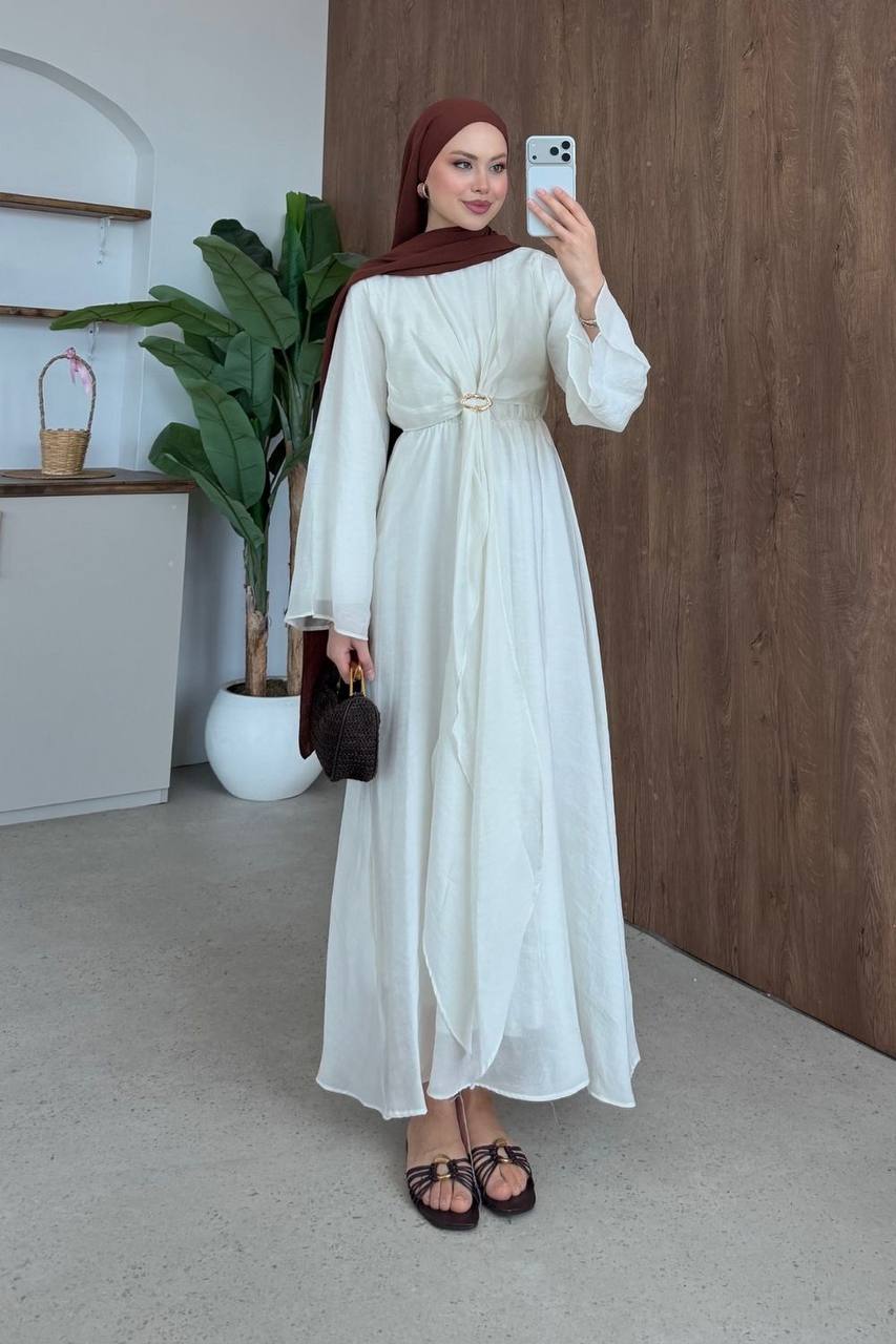 Faux Wrap Gold Brooch Maxi Dress - White