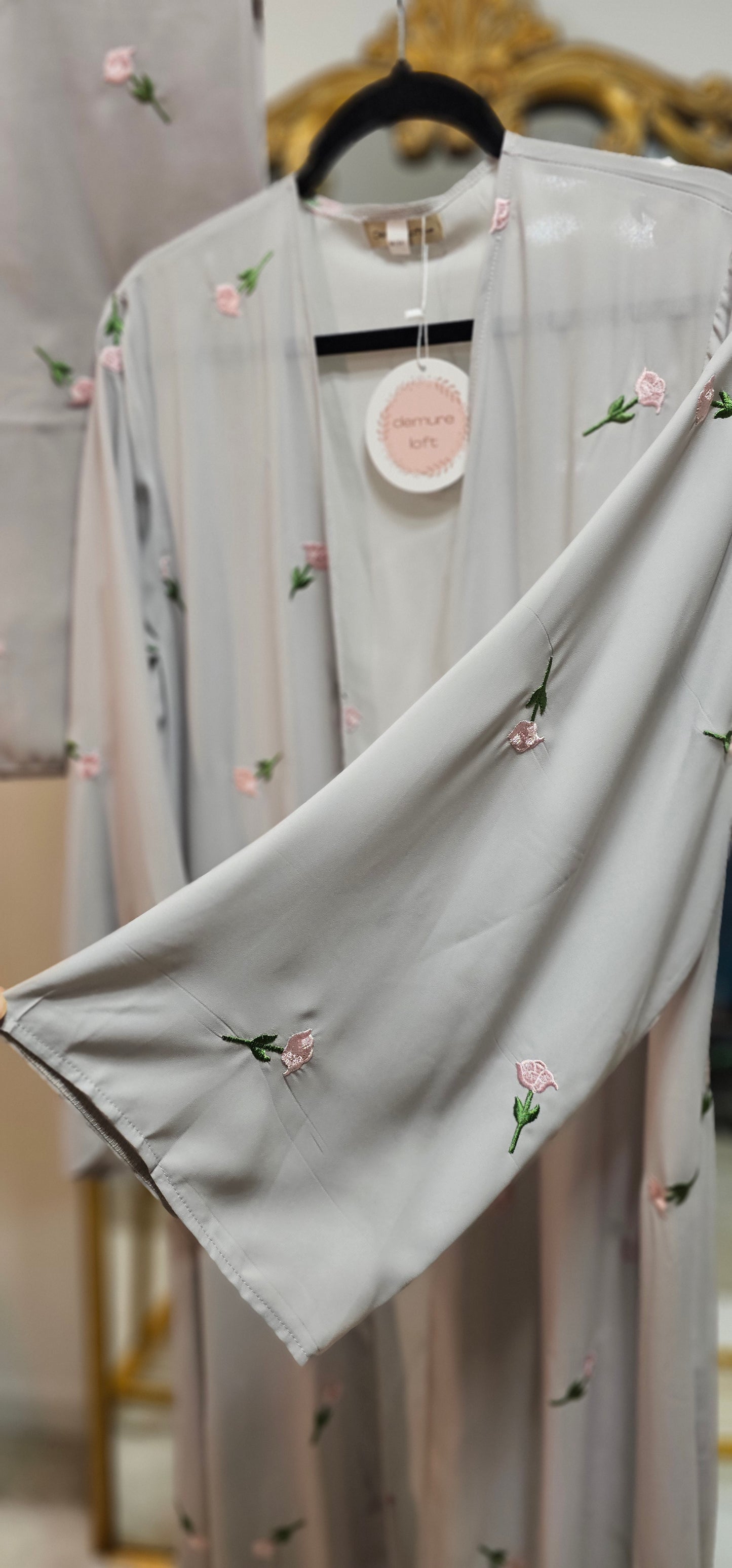 Floral Embroidered Chiffon Abaya with Matching Hijab - Gray