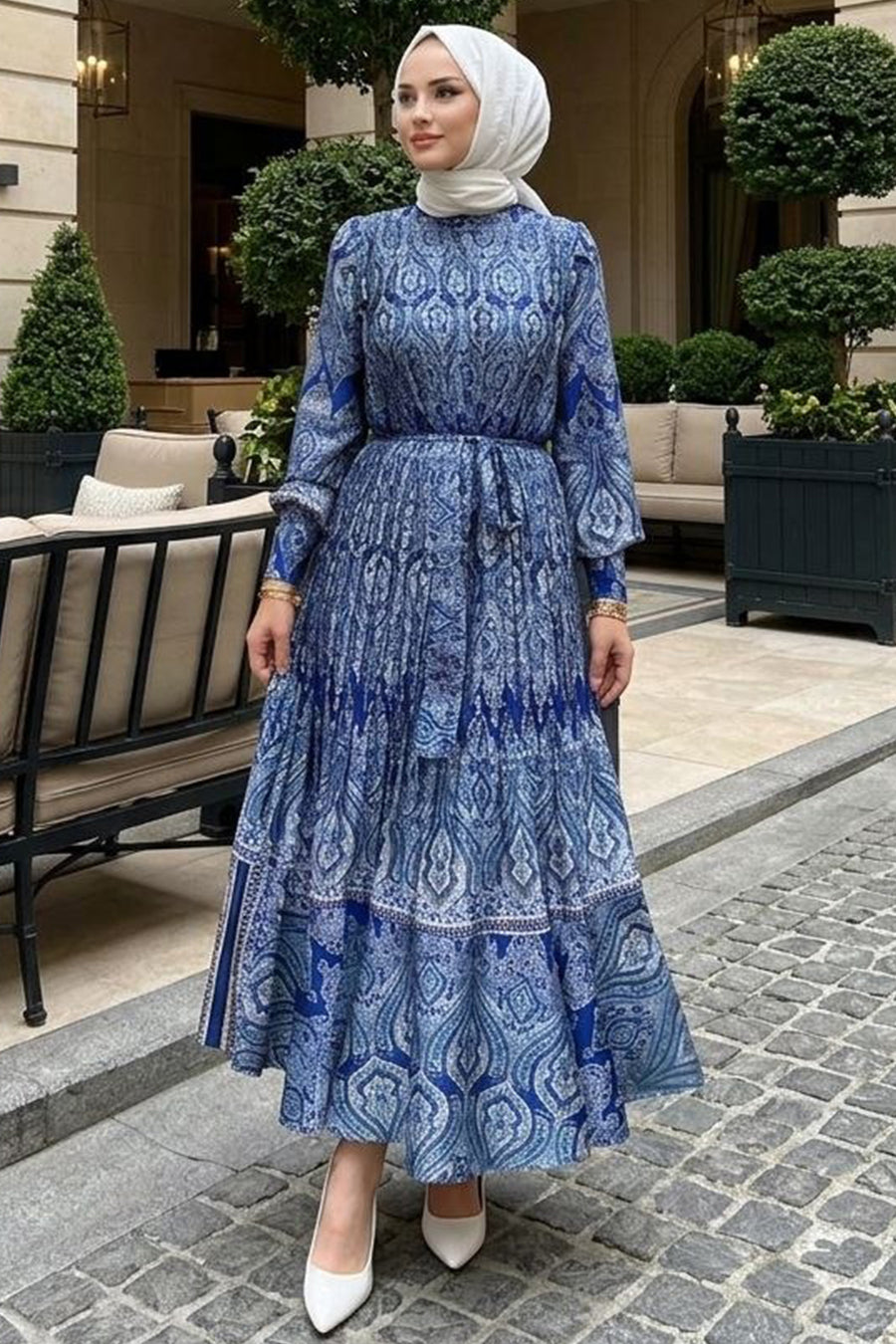 Pleated Satin Maxi Dress - Blue