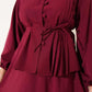 Pleated Buttoned Shirt 2pc Skirt Set - Deep Red
