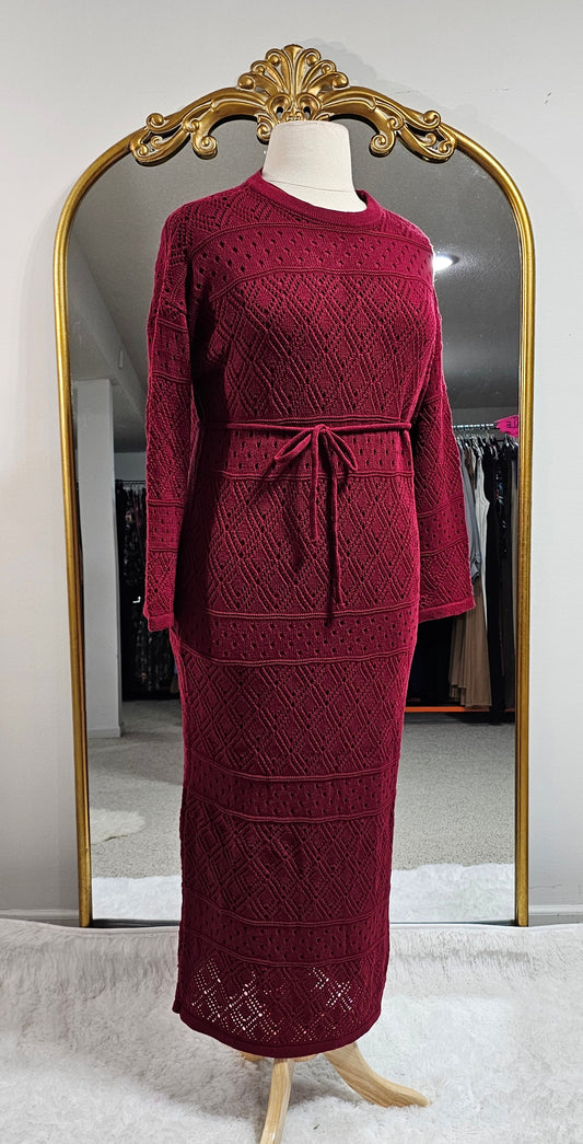 Fully Lined Knit Eyelet Dress - Rich Red