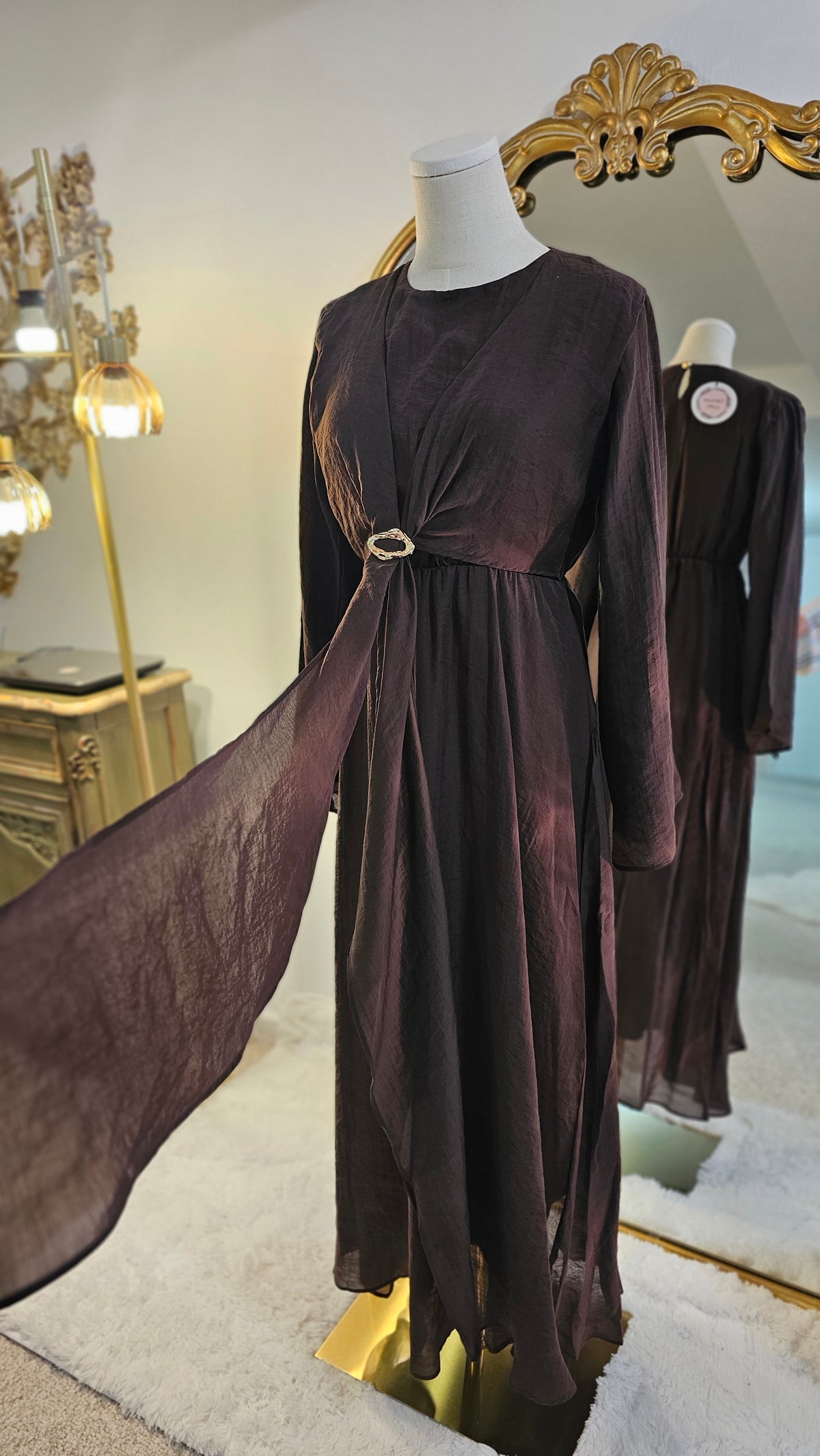 Faux Wrap Gold Brooch Maxi Dress - Brown